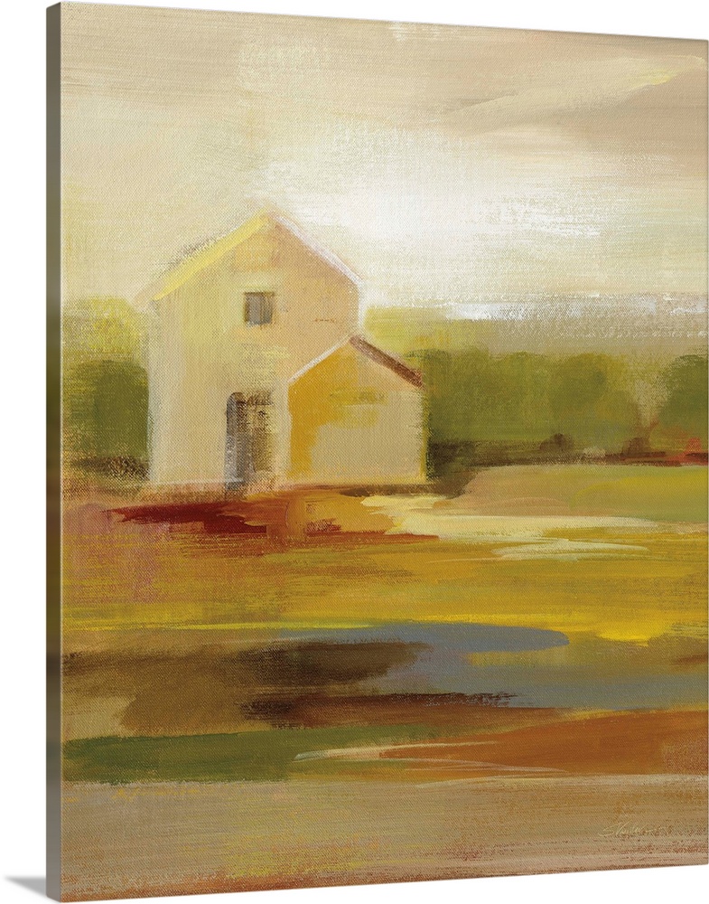 Contemporary painting of a barn with a colorful landscape made with an impressionist style.