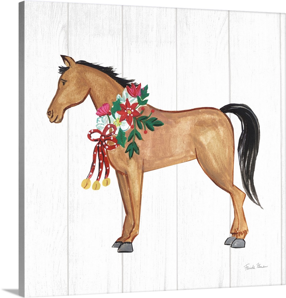Square artwork of a brown horse with a holiday wreath around her neck while on a white wood background.