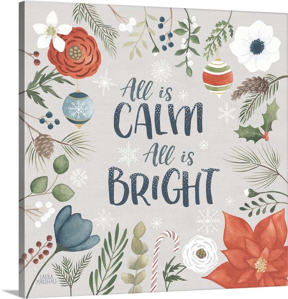 "All is Calm All is Bright" surrounded by colorful seasonal flowers and leaves.