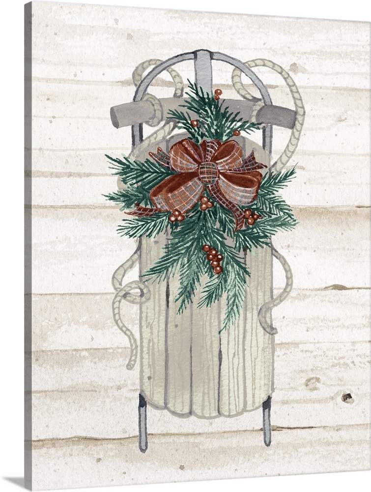 Seasonal decor with a watercolor painted sled decorated with pine needles, berries, and a bow, on a wooden background.