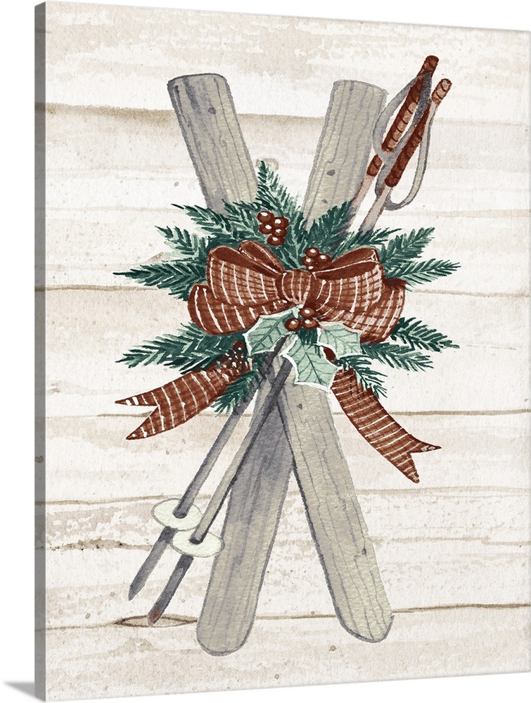 Seasonal decor with watercolor painted skis and ski poles decorated with pine needles, berries, holly, and a bow, on a woo...
