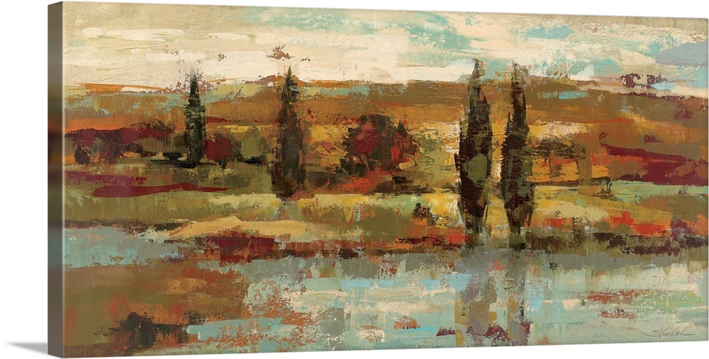Contemporary artwork of a stream beside hills covered in trees, done with heavy brushstrokes and earth tones.