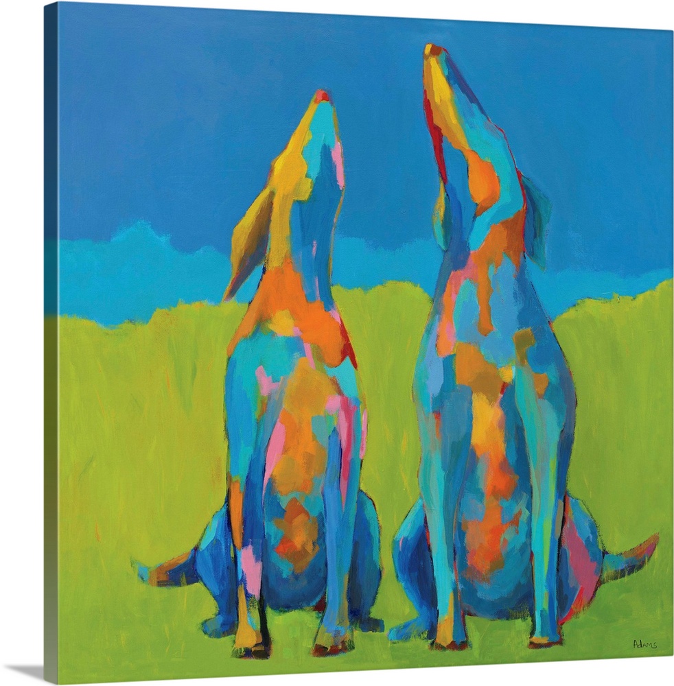 Contemporary abstract painting of two colorful, mosaic style, howling dogs on a green and blue background.