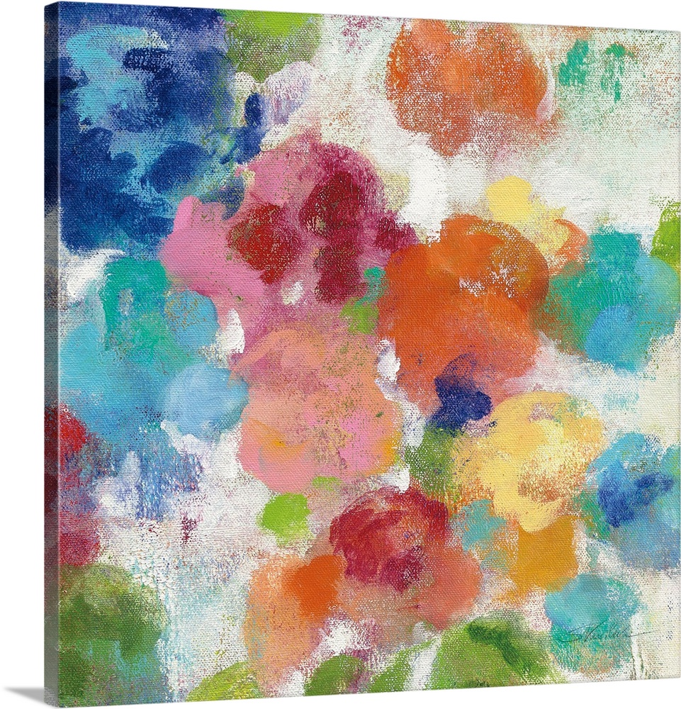 Decorative artwork of whimsical abstract florals in bright colors.