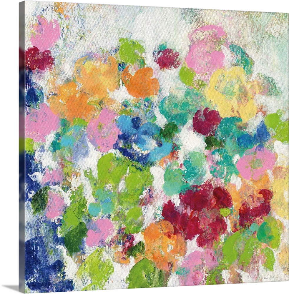 Square painting of bright, colorful flowers with a distress appearance.
