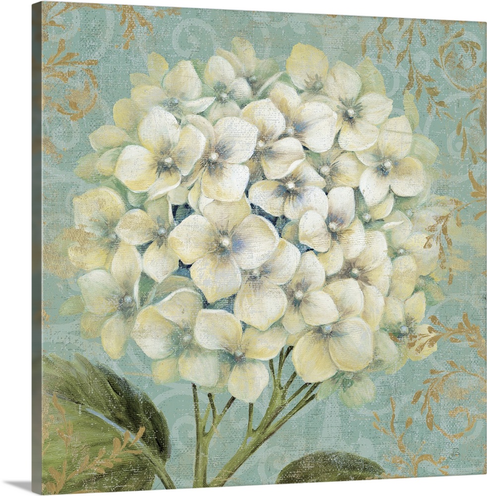 Square, large home art docor of a branch of fully bloomed hydrangeas on a decorative background of detailed, twisting flor...