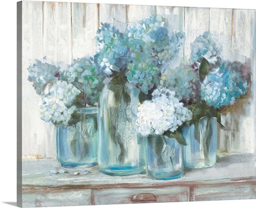 Hydrangeas in Glass Jars Blue | Great Big Canvas