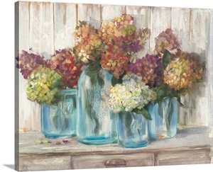 Hydrangeas in Glass Jars White Wood image thumbnail