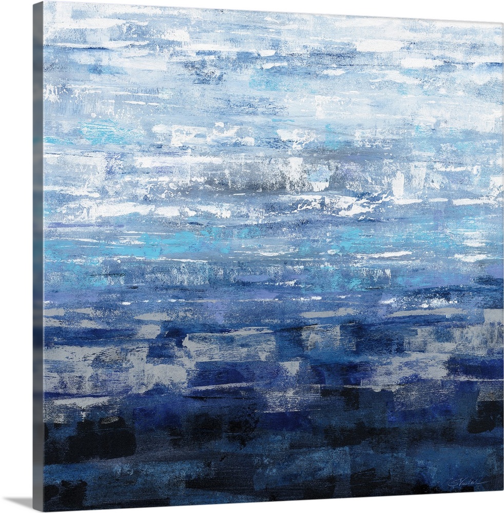 Square abstract painting of textured brush strokes in a gradient of shades of blue.
