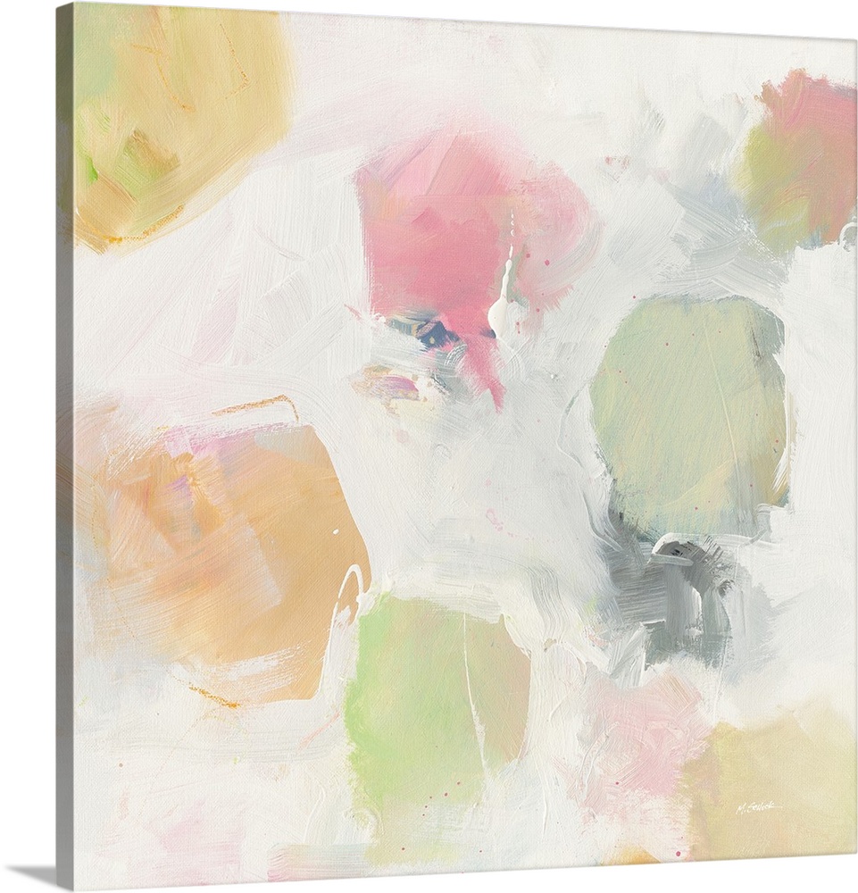 Square abstract art with soft blotches of green, pink, orange, and yellow hues on a grey and white background.