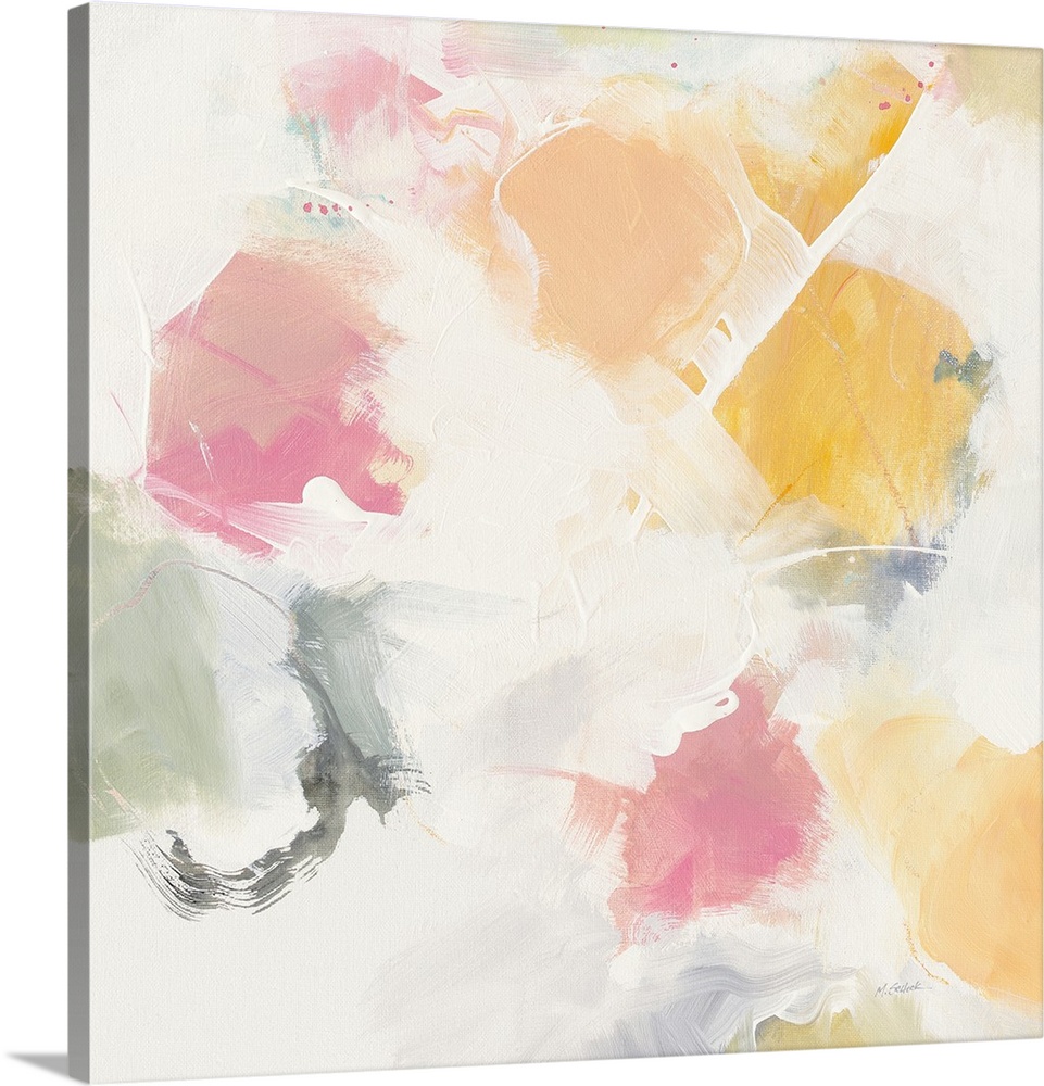 Square abstract art with soft blotches of green, pink, orange, and yellow hues on a grey and white background.