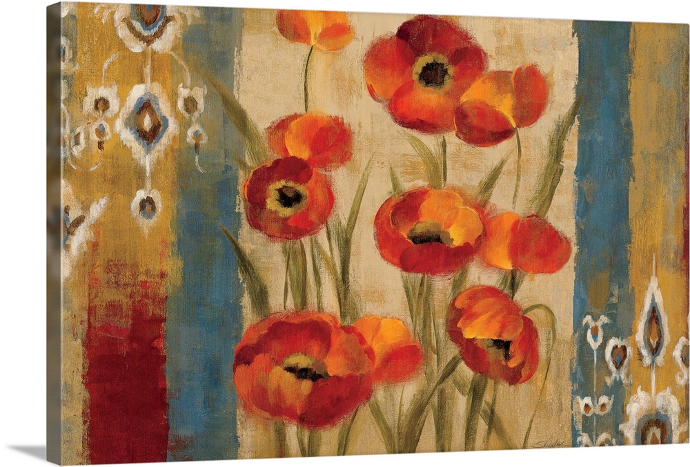 Contemporary painting of flowers on a vertically striped background.  The flowers are flanked by tribal-like designs.