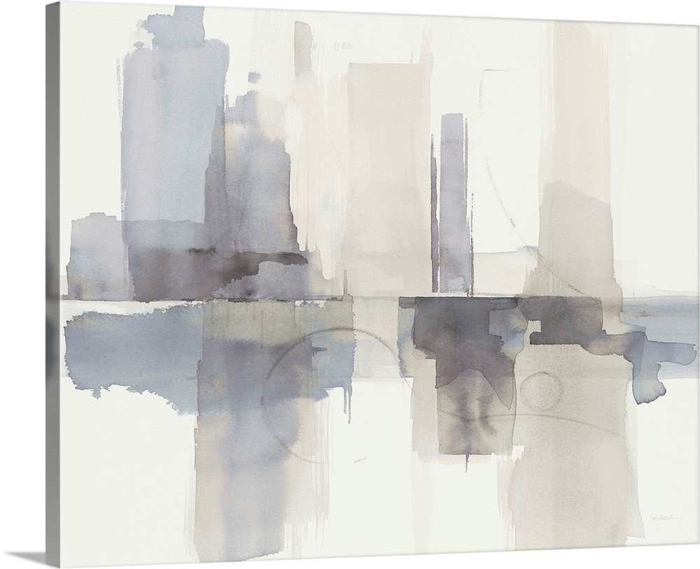 Abstract gray, purple, and cream watercolor painting that resembles a skyline with a reflection.