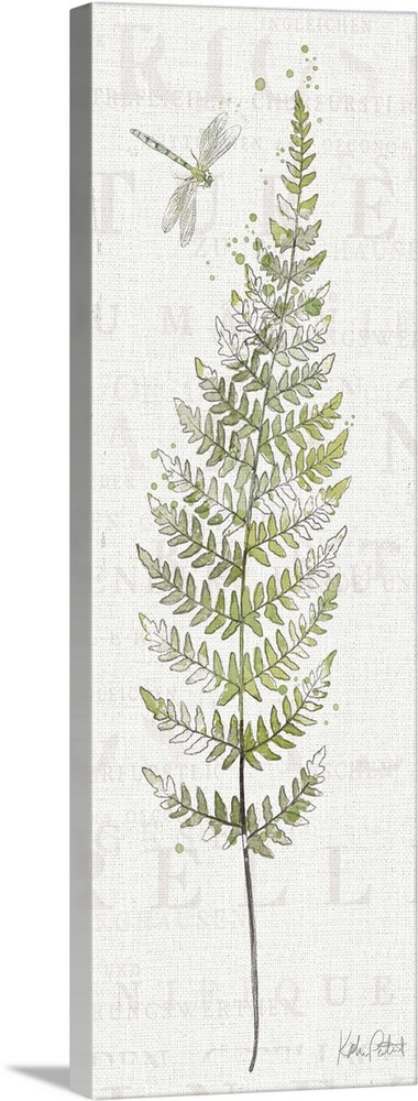 Tall rectangular watercolor painting of fern leaves with a dragonfly on a white textured background with faint text.