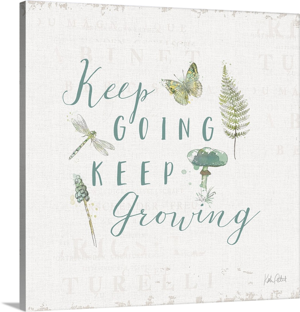 Square watercolor painting of blue and green butterflies, a mushroom, a dragonfly, and plants with the phrase "Keep Going ...