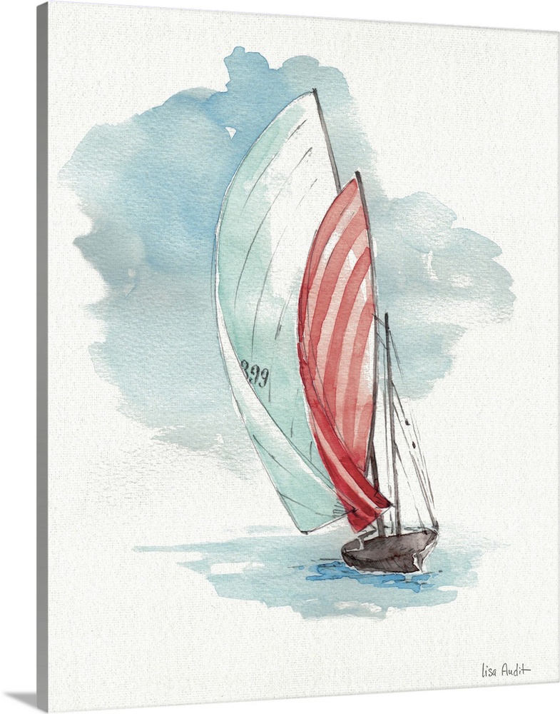 Contemporary artwork of a sailboat with a red and white sail.