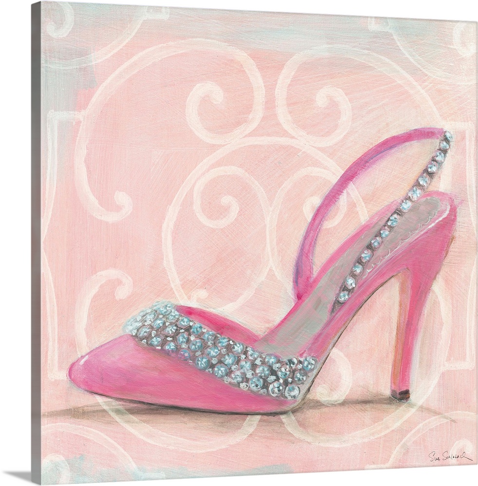 Contemporary artwork of high heel shoe in profile, against a decorative pink background.