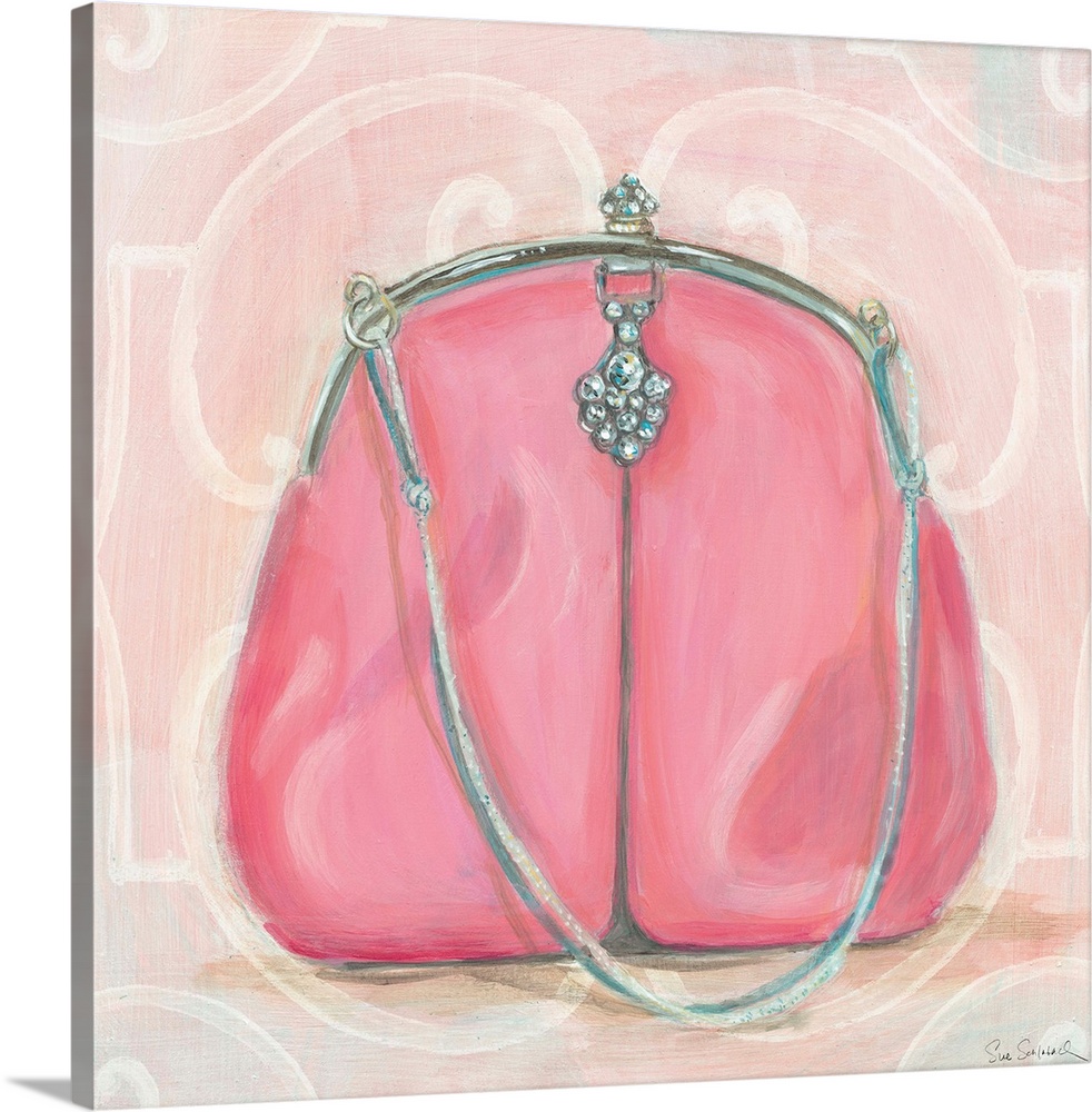 Contemporary artwork of purse in profile, against a decorative pink background.