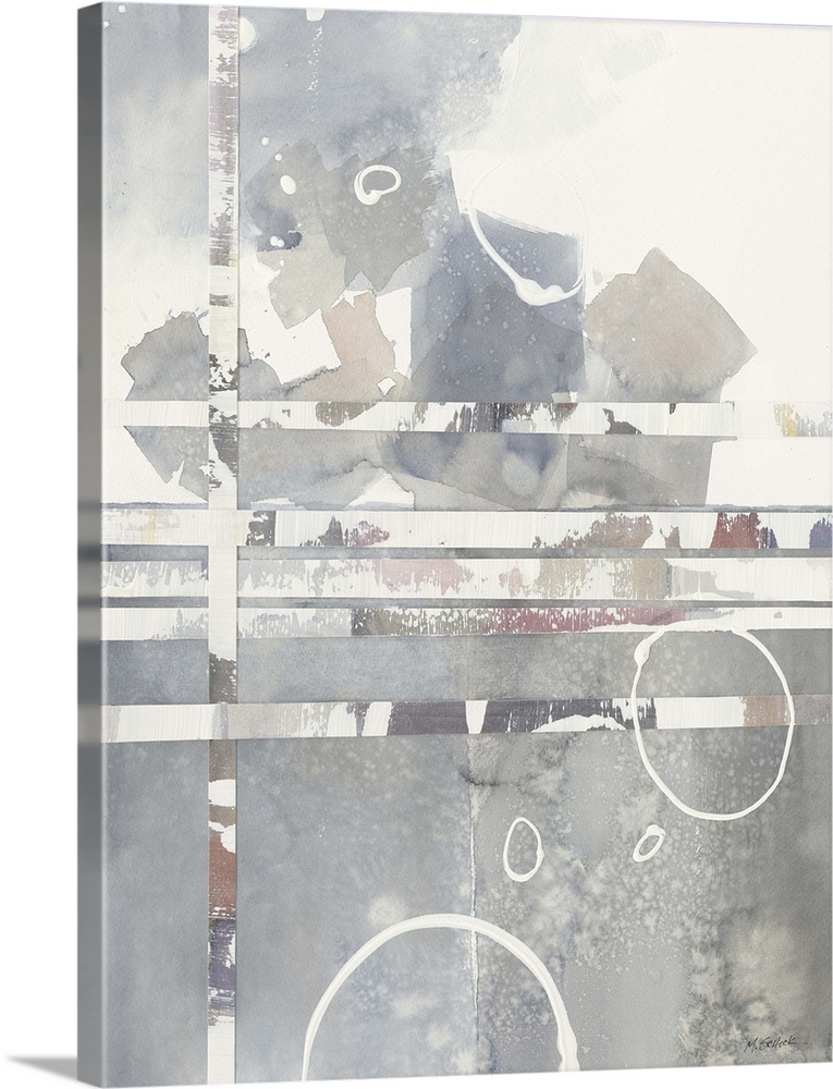 Contemporary abstract watercolor painting with muted tones, white circles, and pasted on lines for depth.