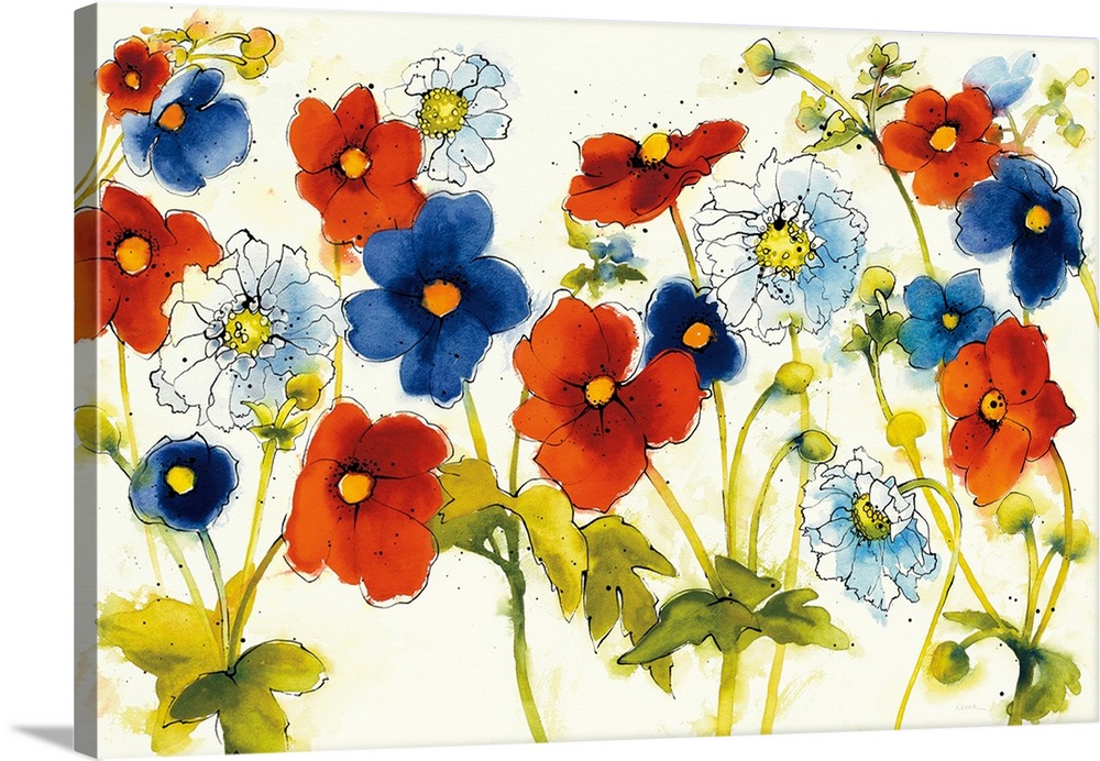 Large watercolor painting with red-orange, blue, and white flowers on a white background with a little bit of black paint ...