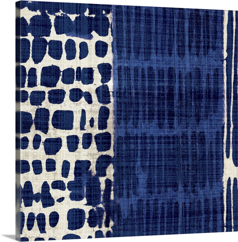 Contemporary abstract artwork of different patterns in dark blue and cream.