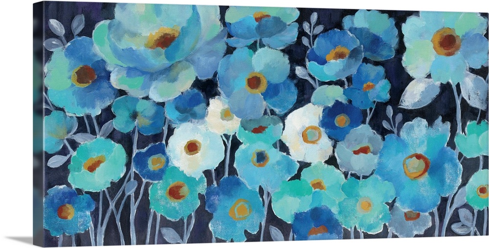 Contemporary painting of various blue toned flowers together.