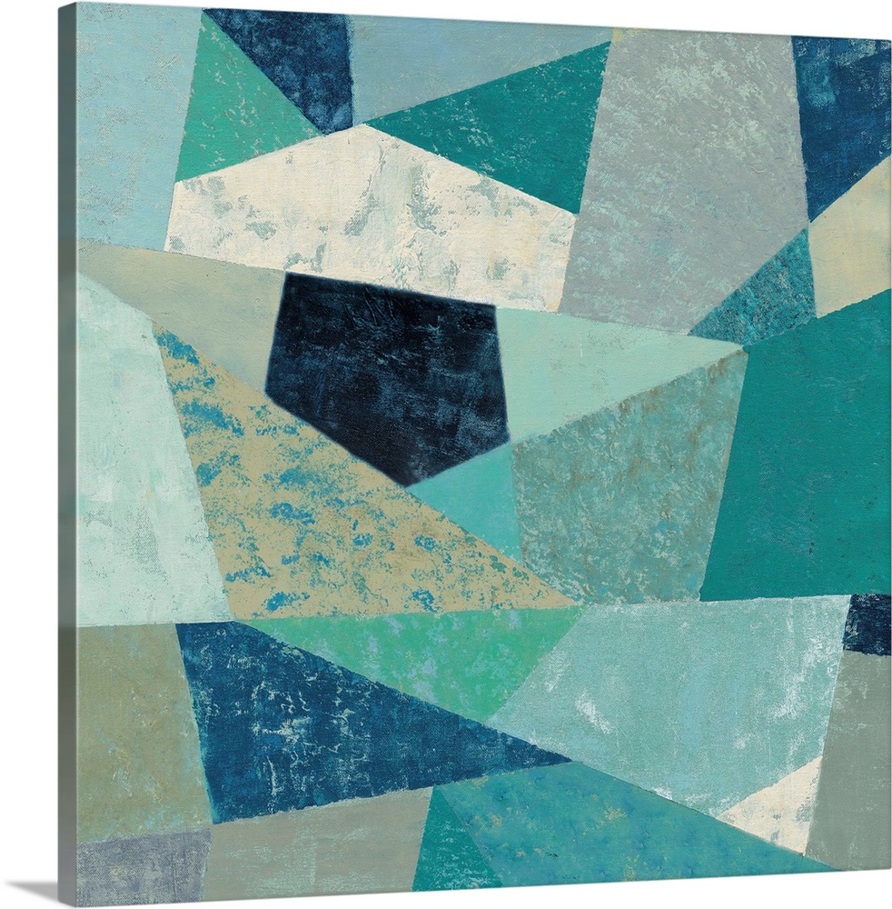 Contemporary geometric artwork using cool green and blue colors with a retro mid-century vibe.