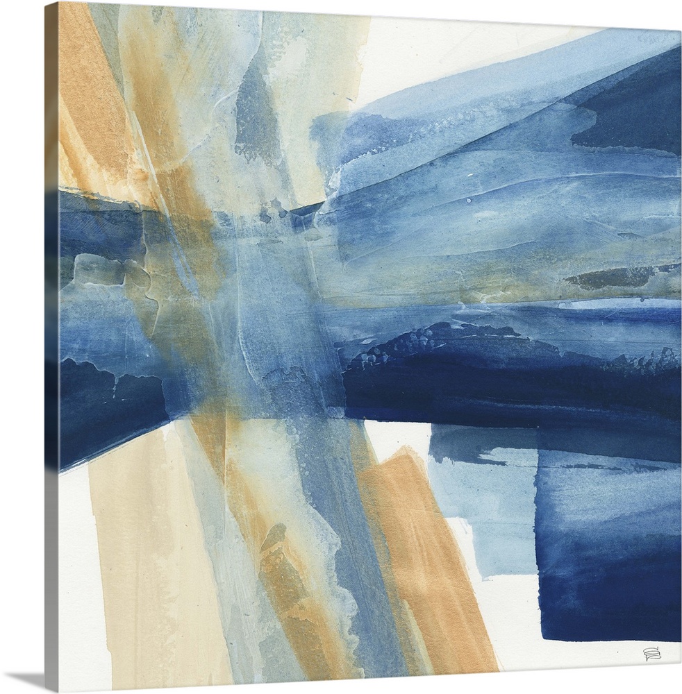 Contemporary abstract painting using harsh blue and beige tones in directional lines, against a white background.