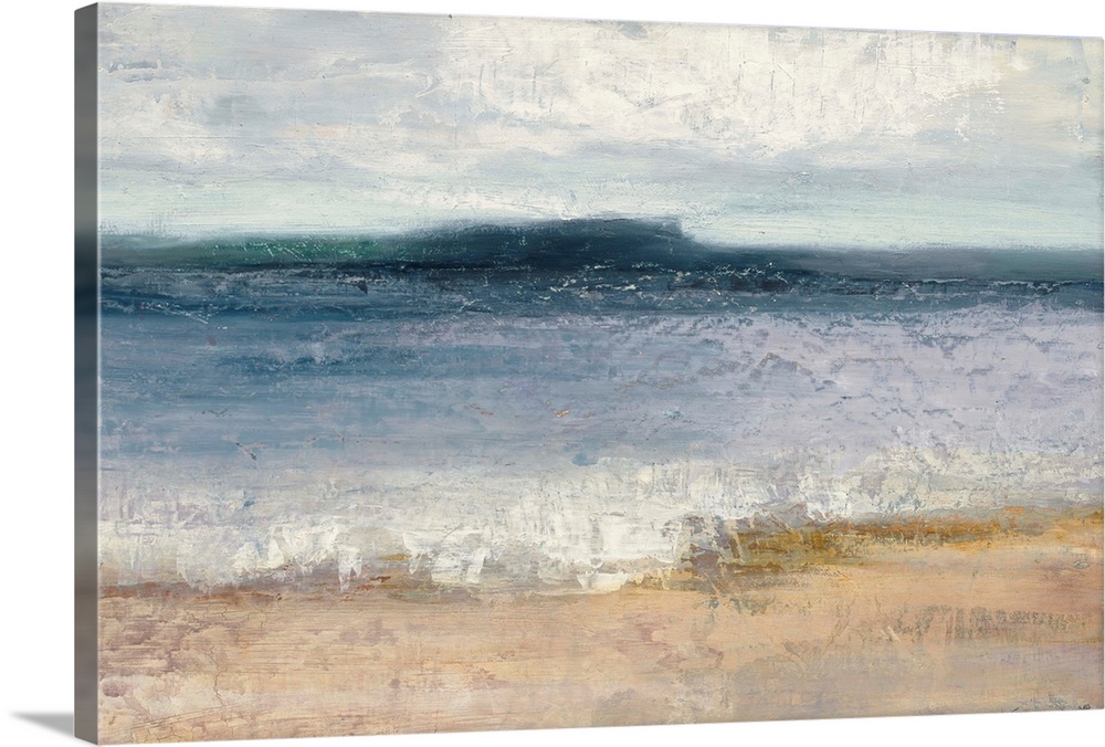 Abstract painting of the ocean and shoreline separated into horizontal sections of color and texture.