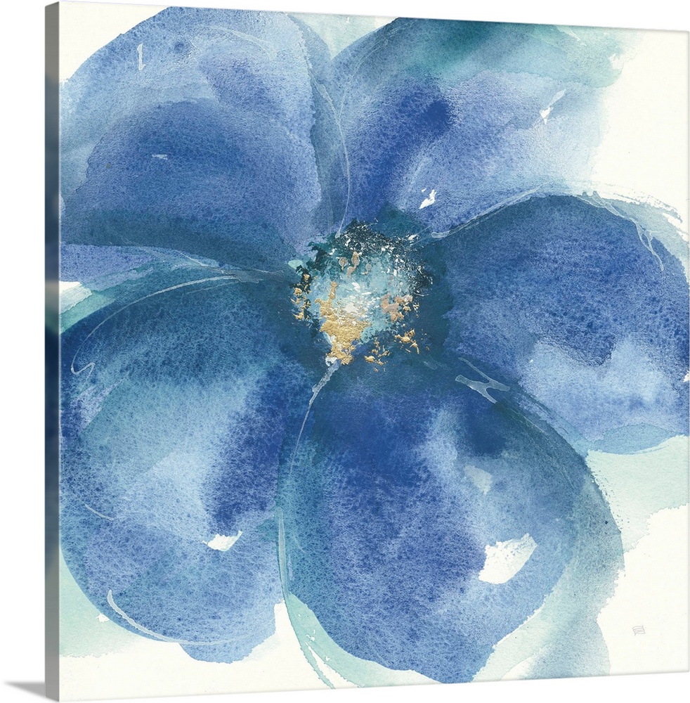 Large square contemporary painting of blue flowers with accents of gold.