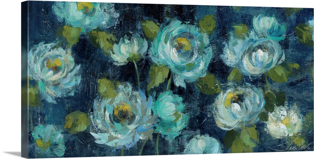 Contemporary artwork of bright blue flowers against a navy blue background.