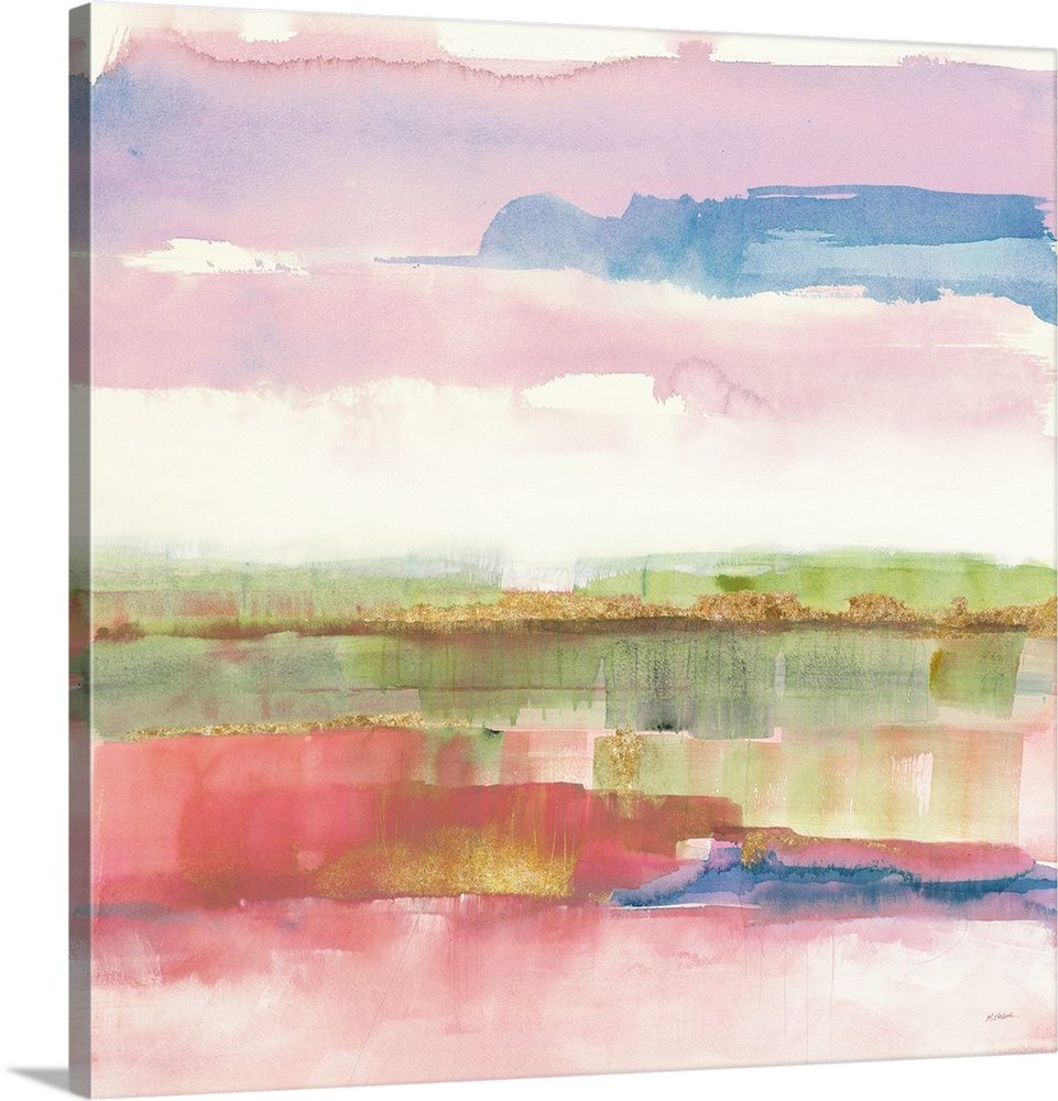 Abstract watercolor painting with pink, purple, blue, green, and gold hues on a white square background.