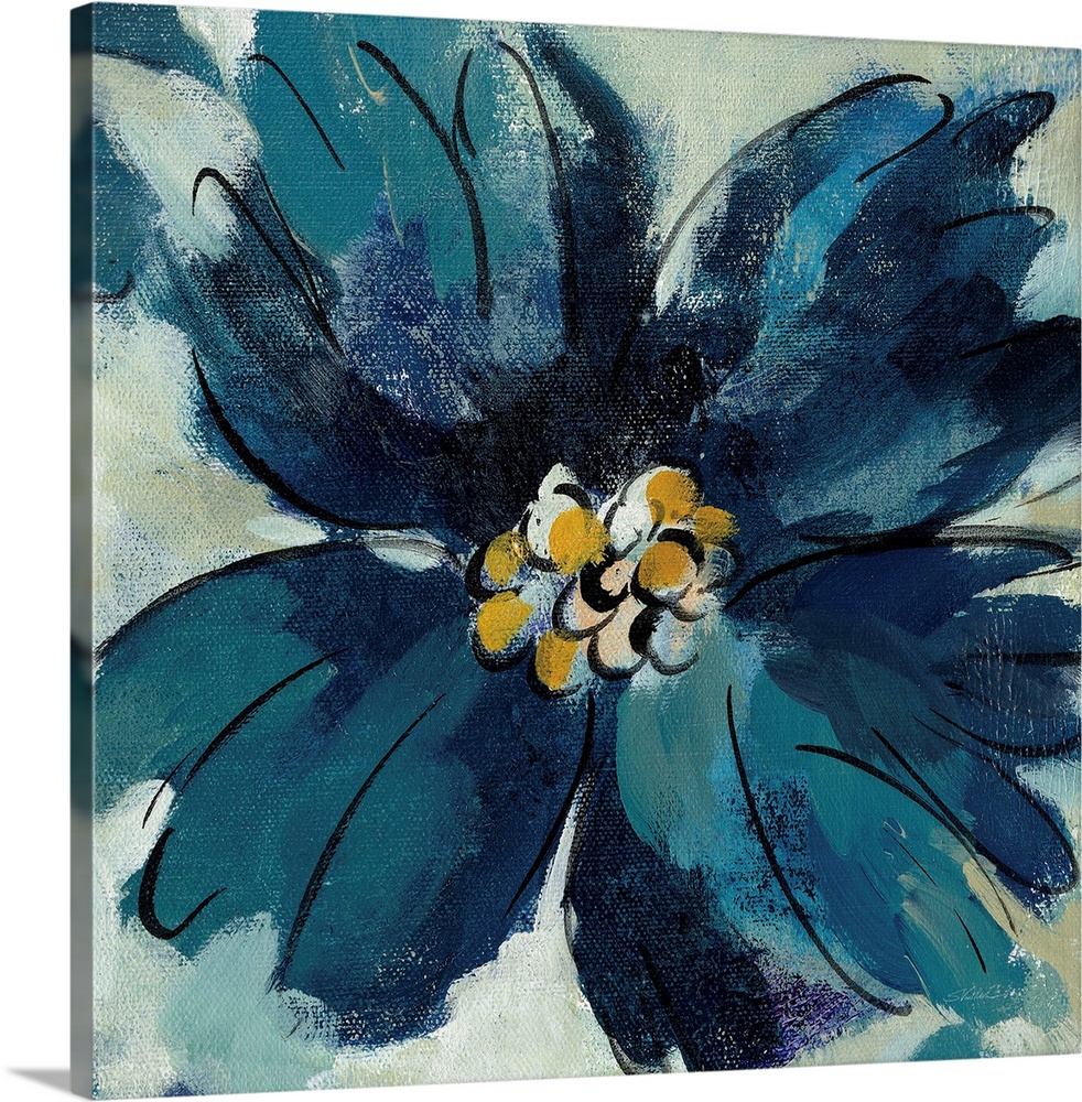 Square painting of a single blue flower with a gold pistil.