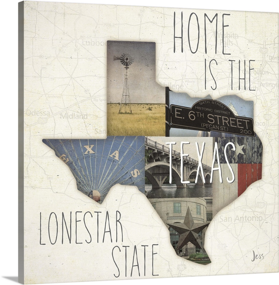 Several scenes in Texas in the outline of the state with "Home is the Lonestar State."