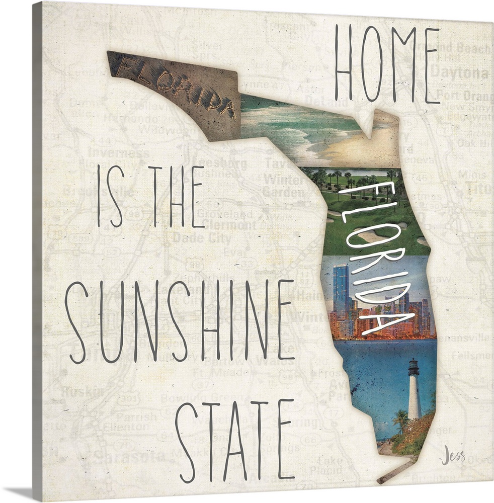 Several scenes in Florida in the outline of the state with "Home is the Sunshine State."