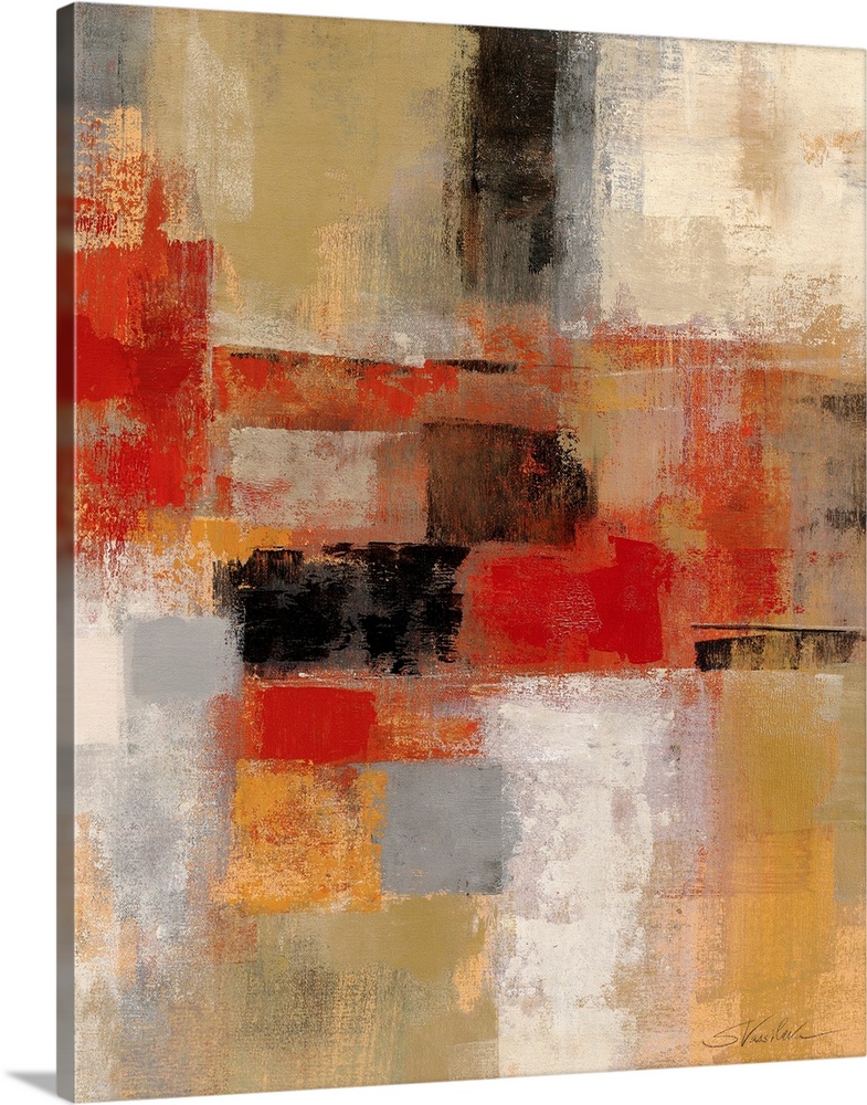 Huge distressed abstract art includes patches of darker warm tones in the center portion of this canvas art that have been...