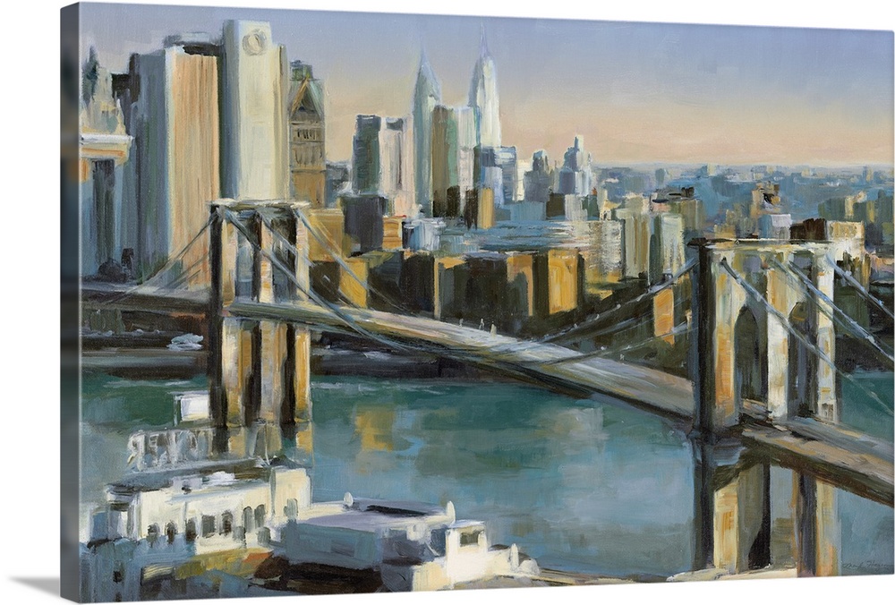 Big canvas painting of a bridge leading into New York City at sunrise.