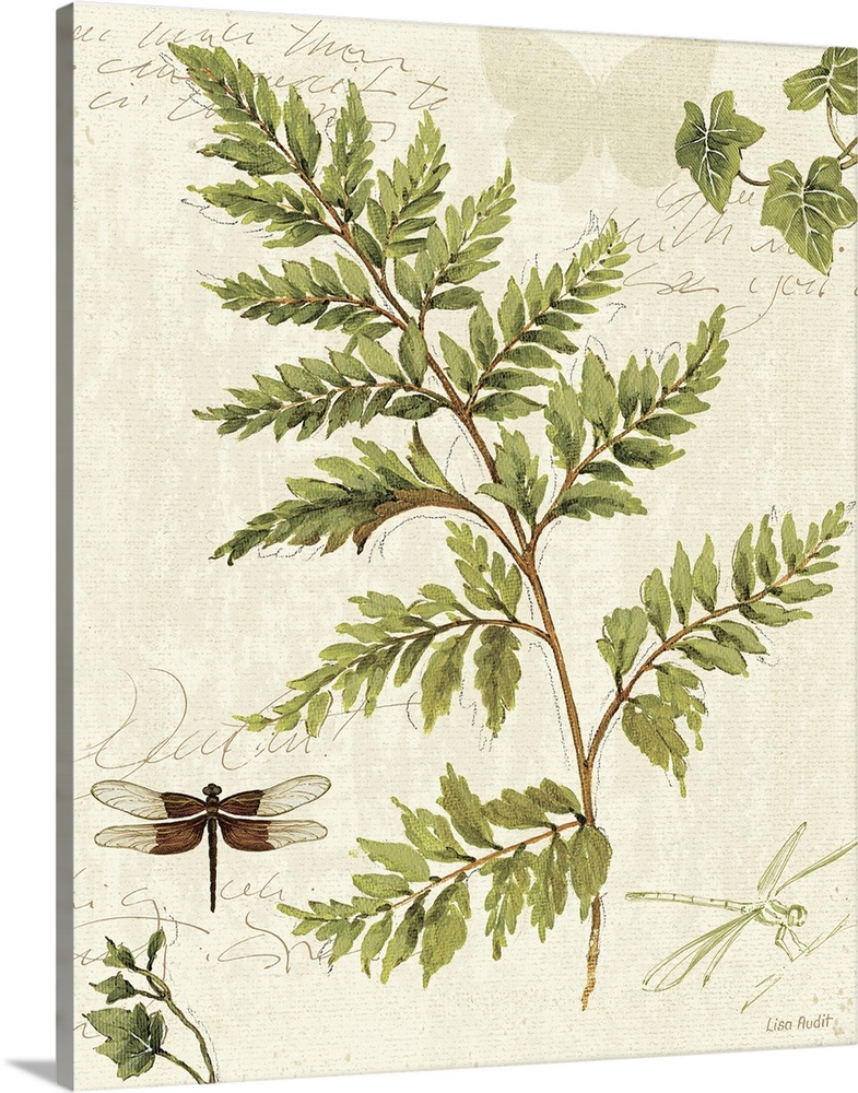 Large canvas of a painted dragonfly and fern on top of a neutral background with text overlaid.
