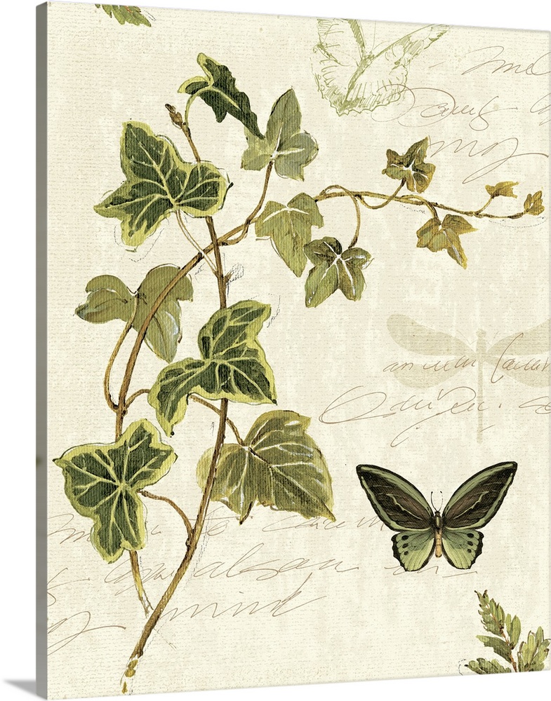 Large painting of leaves with writing and butterflies on top of a washed out background.