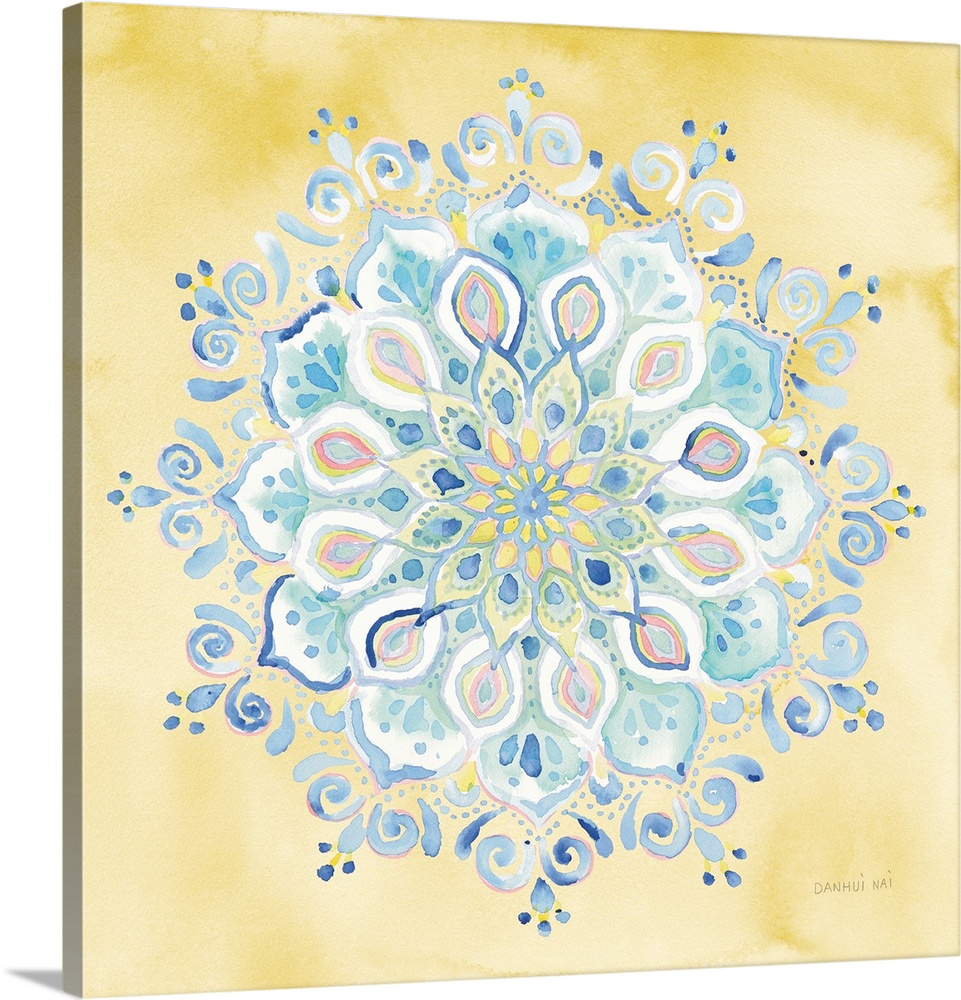 Contemporary watercolor mandala designs over a soft gradated background.