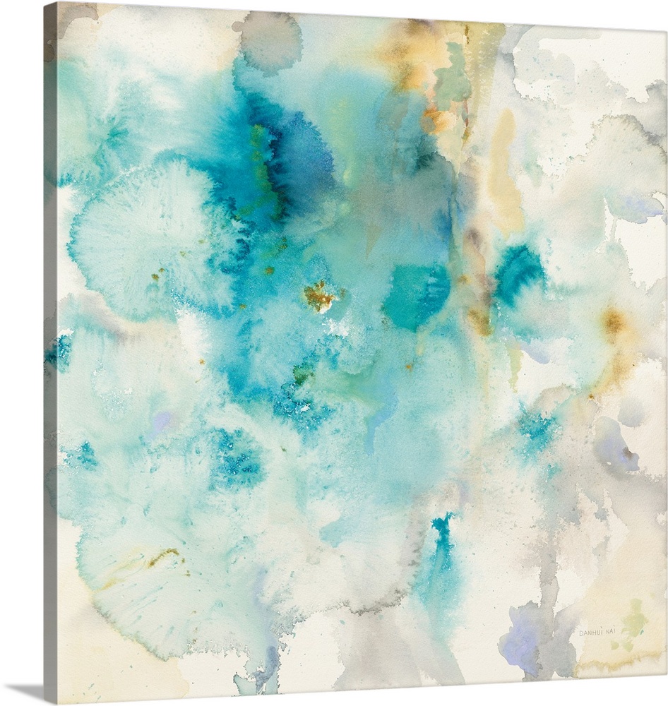 Contemporary artwork featuring blue watercolor bleeds with neutral colors.