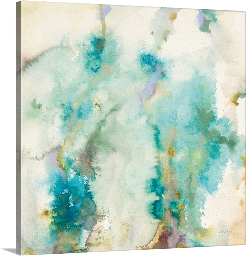 Contemporary artwork featuring blue watercolor bleeds with neutral colors.