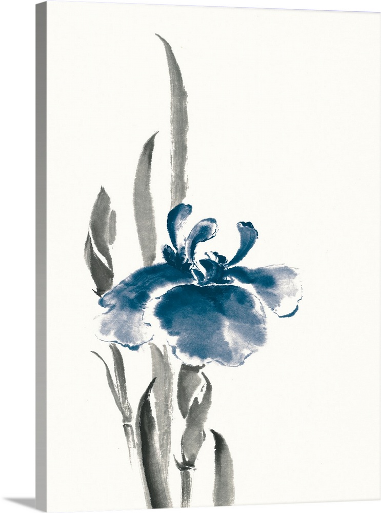 Vertical watercolor painting of a blue iris flower against a white background.