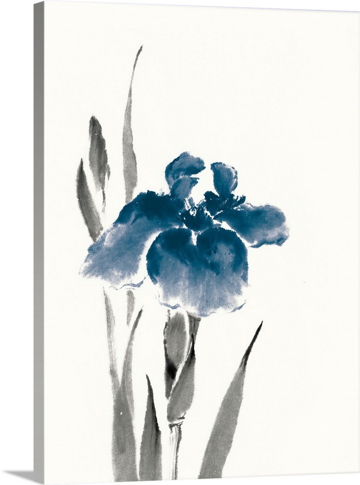 Vertical watercolor painting of a blue iris flower against a white background.