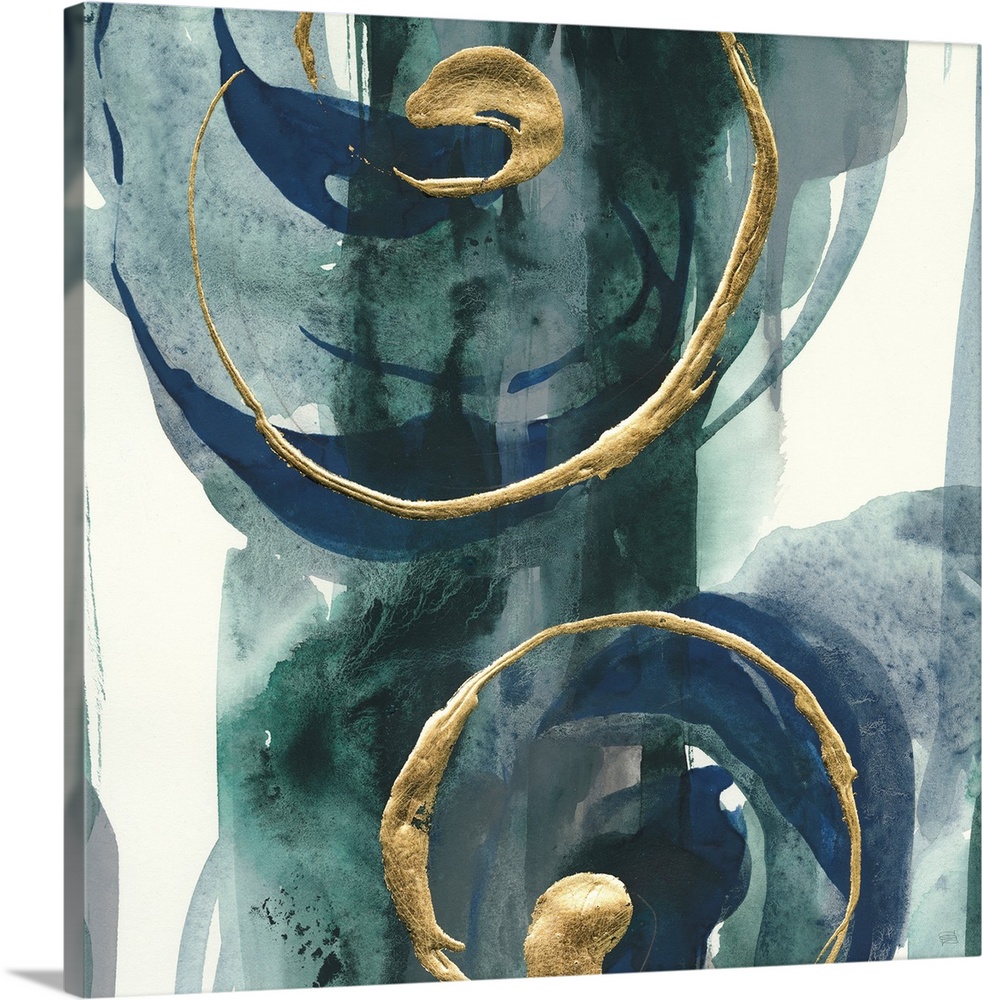 Large abstract painting with dark teal and blue paint on a white background, and metallic gold swirls on top.