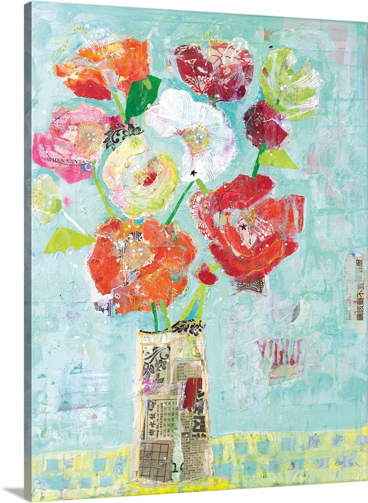Mixed media artwork creating colorful flowers in a vase made out of newspaper clippings on a light blue background.