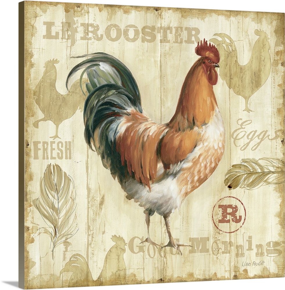 Square, large home art docor of a painted rooster on a light, wood slatted background with slightly darker shapes of feath...