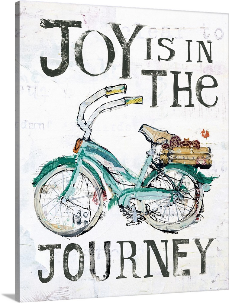 "Joy is in the Journey" with a green bicycle, created with mixed media