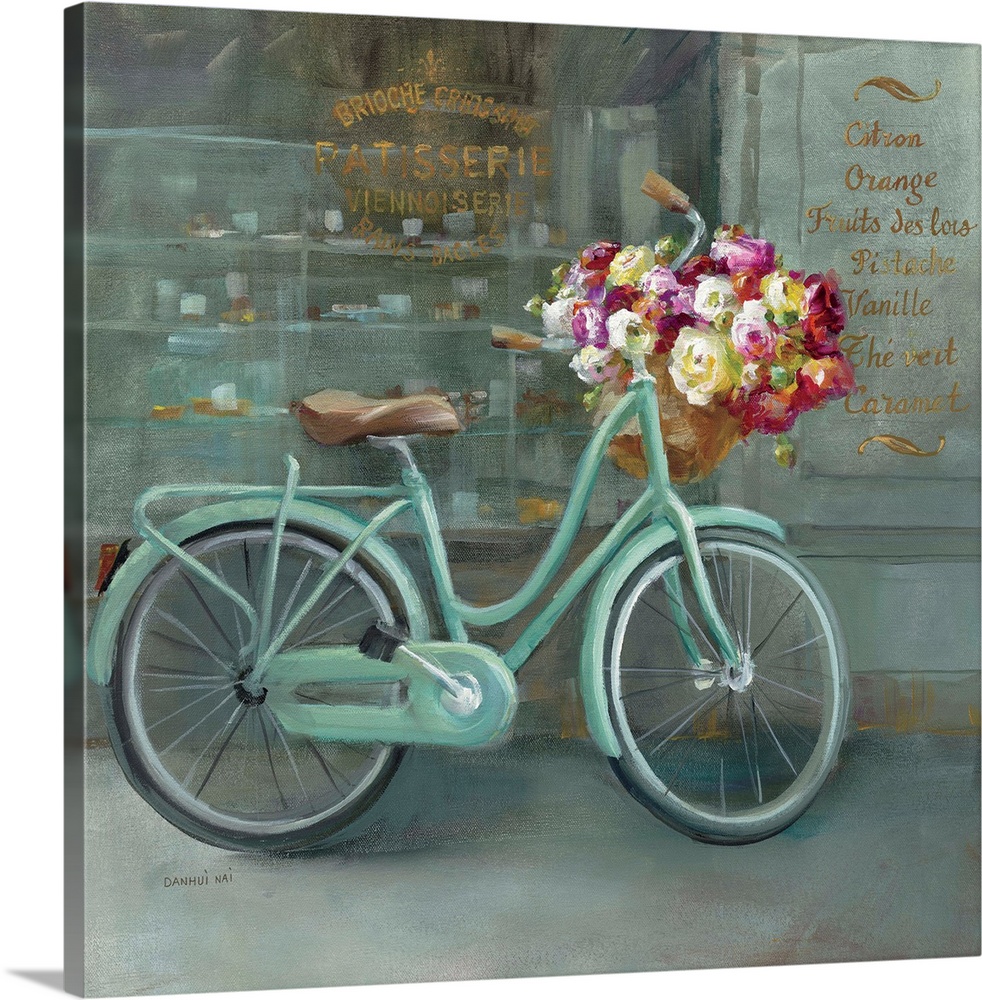 Contemporary artwork of a bicycle with flowers in the handlebar basket.