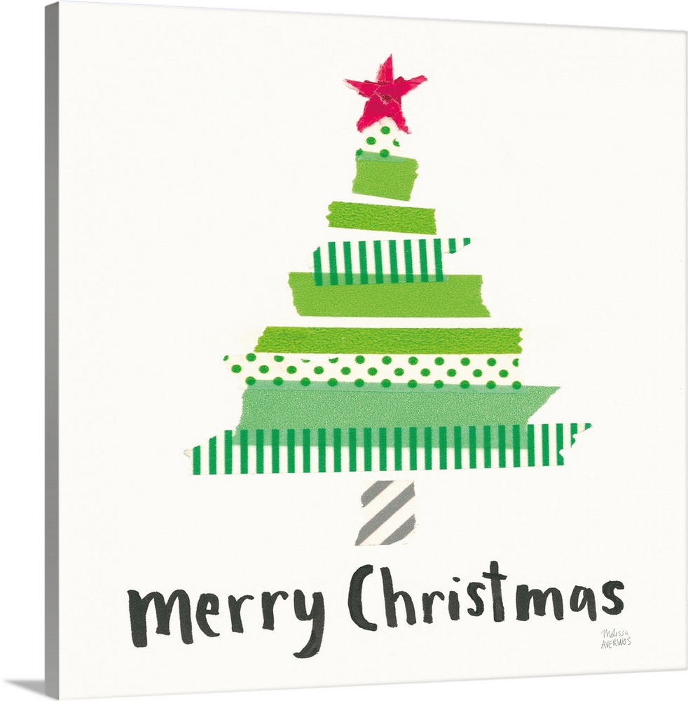 Mixed media art with a Christmas tree and 'Merry Christmas' written in black below on a white square background.